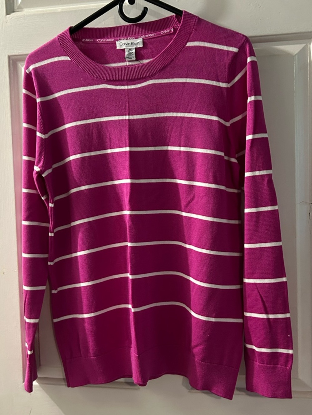 Calvin Klein Fuchsia and White Striped Crewneck Sweater